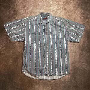 Vintage 90s Blazer Firenze Geometric Striped Button Up Shirt Short Sleeve Skater